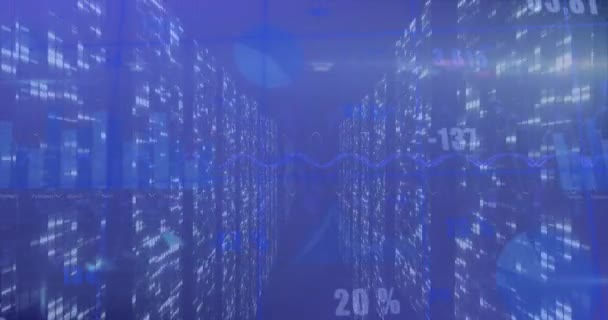 青い背景にモザイクの正方形の画面上の統計データ処理のアニメーション ビジネスデータ技術の概念 — ストック動画