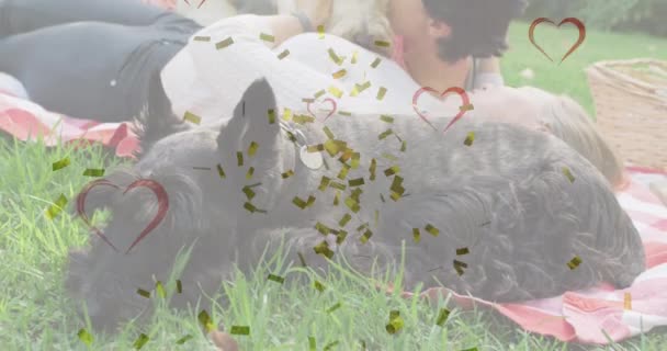 Animation Hearts Confetti Caucasian Female Couple Pet Dogs Valentines Love — Vídeo de stock
