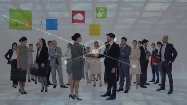 Animation Network Connections Icons Diverse Business People Office Global Connections — Vídeos de Stock