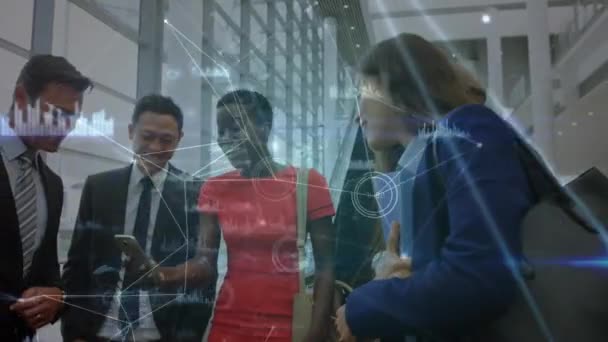 Animatie Van Verbindingen Gegevensverwerking Diverse Zakenmensen Kantoor Global Business Finance — Stockvideo