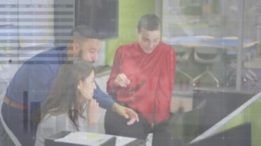 Animation of infographic interface over diverse coworkers discussing reports on computer in office. Digital composite, multiple exposure, global, business, teamwork, communication and technology.