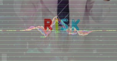 Animation of financial data processing and risk text over caucasian businessman. Global business, finance, computing and data processing concept digitally generated video.