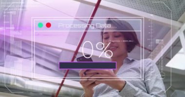 Animation of data processing over biracial businesswoman using smartphone. Global technology, computing and digital interface concept digitally generated video.