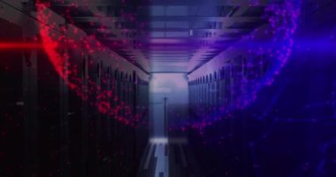Animation of shapes moving and globe over server room. Global business and digital interface concept digitally generated video.