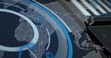 Veri işleme animasyonu ve kara arkaplan üzerinde dünya haritası. küresel iş ve dijital arayüz kavramı dijital olarak oluşturulmuş video.