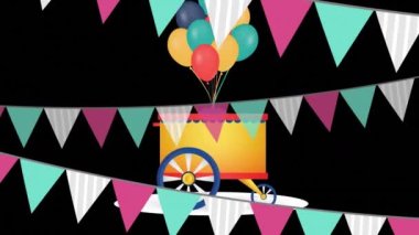 Animation of flags over dog, bike and balloons on black background. Celebration and party concept digitally generated video.