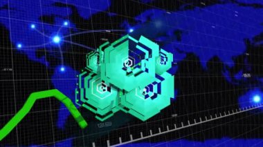Animation of financial data processing with green line over world map. Global business, finance, computing and data processing concept digitally generated video.