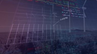 Animation of financial data processing over wind turbines. Global environment, sustainability, business, finance, computing and data processing concept digitally generated video.