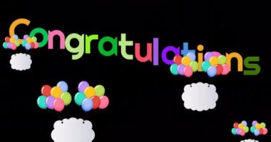 Animation of congratulations text over colorful balloons on black background. Celebration and party concept digitally generated video.