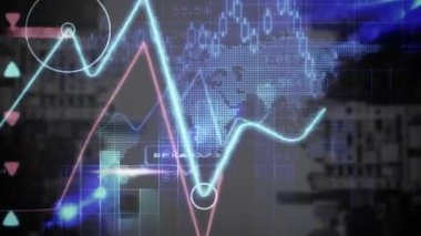 Animation of graphs, numbers, lens flares and map over buildings in background. Digital composite, multiple exposure, report, business, illuminated, global, digits and technology concept.