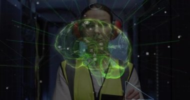 Animation of mathematical equations and digital brain over caucasian woman in server room. Global technology, online security and digital interface concept digitally generated video.