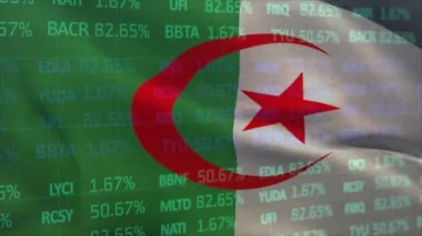 Animation of statistics and financial data processing over flag of algeria. Global business, finances, computing and data processing concept digitally generated video.
