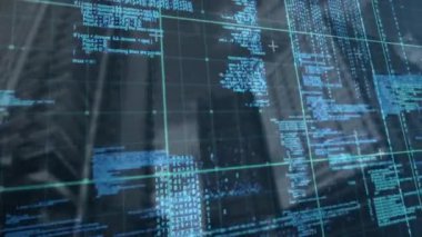 Animation of grid pattern over programming language against low angle view of buildings. Digital composite, multiple exposure, coding, machine learning, abstract and technology concept.