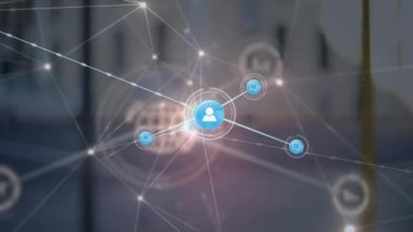 Animation of connected icons and dots over moving vehicles on road of city. Digital composite, multiple exposure, communication, illuminated, transportation, globalization and technology concept.