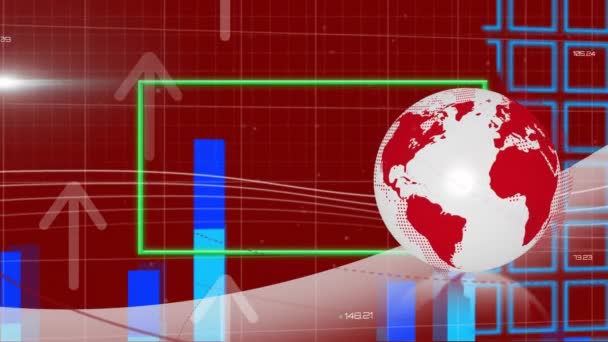 Animation Globe Rectangle Arrows Graphs Squares Forming Map Red Background — Stockvideo