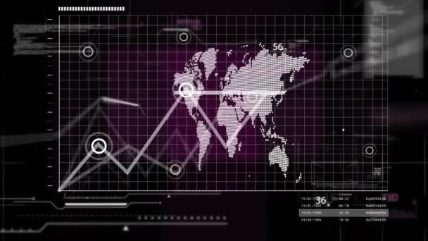 Анимация Статистики Обработки Данных Карте Мира Концепция Глобального Бизнеса Финансов — стоковое видео