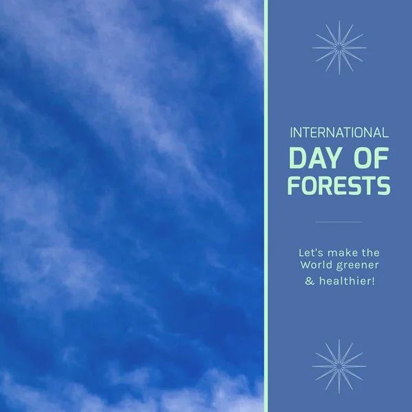 Composition of international day of forests text over sky with clouds on blue background. International day of forests and celebration concept digitally generated image.
