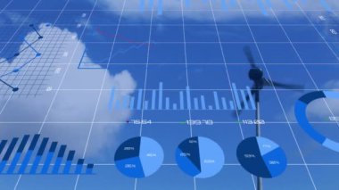 Animation of data processing over wind turbine. Global environment, sustainability, wind energy and data processing concept digitally generated video.
