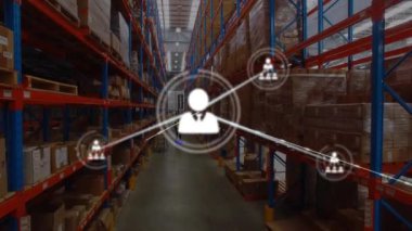 Animation of network of connections over warehouse. Global networks, shipping, business, finances, computing and data processing concept digitally generated video.