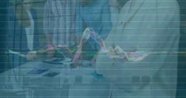 Animation of data processing over caucasian businessman against time-lapse of businesspeople walking. Business data technology concept