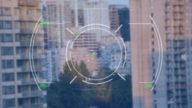 Animation of interference and scope scanning over cityscape. Global business, finances and digital interface concept digitally generated video.