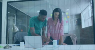 Animation of fingerprint scanner over diverse male and female colleagues discussing over a plan. Cyber security and business data technology concept