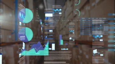 Animation of statistical data processing against empty warehouse. Transportation logistics and business data technology concept