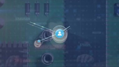 Animation of data processing over computing board and caucasian male hacker. Global business and digital interface concept digitally generated video.