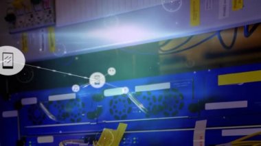 Animation of network of connections with icons over server room. Global connections, computing and digital interface concept digitally generated video.