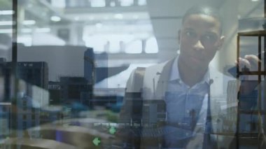 Animation of african american businessman talking over cellphone against city in background. Digital composite, multiple exposure, entrepreneur, skyscrapers, communication and technology concept.