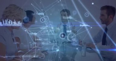 Animation of connected dots, loading circles, graphs over diverse coworkers sharing ideas in meeting. Digital composite, multiple exposure, report, finance, business, progress, communication concept.