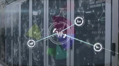 Sunucu odasındaki simgeler ve veri işleme ağı animasyonu. küresel bağlantılar, bilgisayar ve dijital arayüz konsepti dijital olarak oluşturulmuş video.