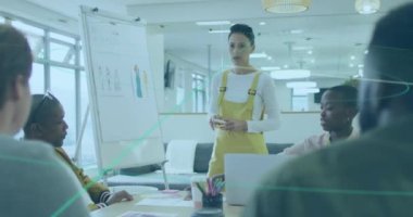 Animation of connections and data processing over business people in office. Global computing, finance, business and data processing concept digitally generated video.
