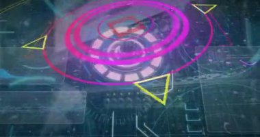 Animation of scope scanning with 5g text and data processing over server. Global technology, computing and digital interface concept digitally generated video.