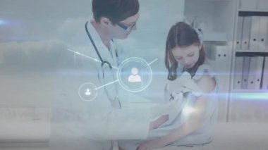 Animation of network of connections over female doctor with girl patient. Global medicine, networks, computing and data processing concept digitally generated video.