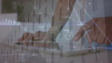 Animation of network of connections and data processing over mid section of man using digital tablet. Business data technology concept