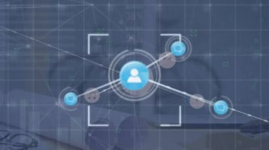 Animation of network of connections with icons and data processing over desk in office. Global connections, technology and digital interface concept digitally generated video.
