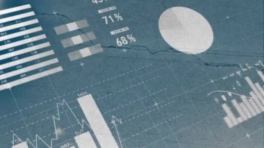 Animation of infographic interface moving over blue background. Digitally generated, hologram, report, finance, global, database, progress, business and technology concept.