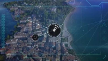 Şehir manzarası üzerindeki bağlantı ağının animasyonu. küresel iş ve dijital arayüz kavramı dijital olarak oluşturulmuş video.