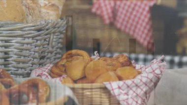 Animation of data processing over bakery. Shopping, retail and digital interface concept digitally generated video.