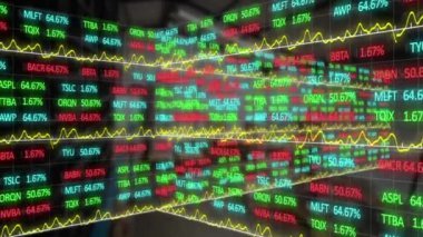Animation of stock market processing against empty warehouse. Global economy and transportation logistics business technology concept