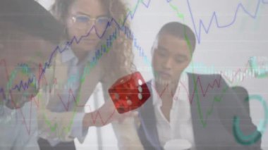 Animation of business people over dice and financial data processing. Global business, computing, connections and data processing concept digitally generated video.