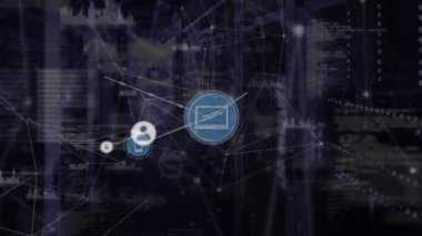 Animation of connected icons and graphs icons over map against server room in background. Digital composite, multiple exposure, report, finance, global, networking, technology and network server.