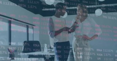 Animation of digital interface and data processing over businessman and shape and and and financial data. Global business data processing and technology concept digitally generated video.