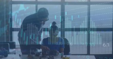 Animation of multiple graphs moving over diverse coworkers discussing reports over digital tablet. Digital composite, multiple exposure, finance, business, teamwork, office, communication, technology.