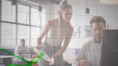 Animation of business people over green lines and financial data processing. Global business, computing, connections and data processing concept digitally generated video.