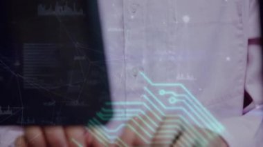 Animation of connections with icons and circuit board over businessman using phone headset. Global business, computing, connections and data processing concept digitally generated video.