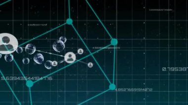 Animation of network of connections with icons over shapes moving and data processing. Global business and digital interface concept digitally generated video.