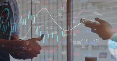 Animation of data processing over mid section of a woman using smartphone to make a payment. Business data and payment technology concept
