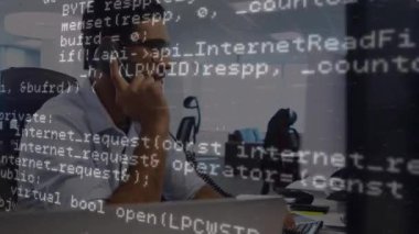 Animation of financial data processing over businessman using phone headset in office. Global business, finance, computing and data processing concept digitally generated video.